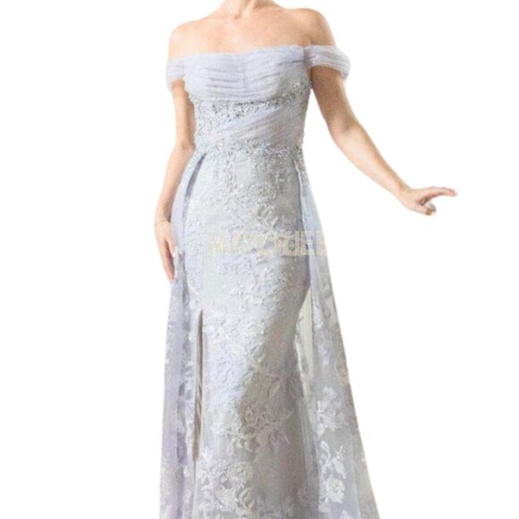 NWT May Queen RQ8053 Lace/Mesh Prom Dress Silver Size 12 - Picture 1 of 9